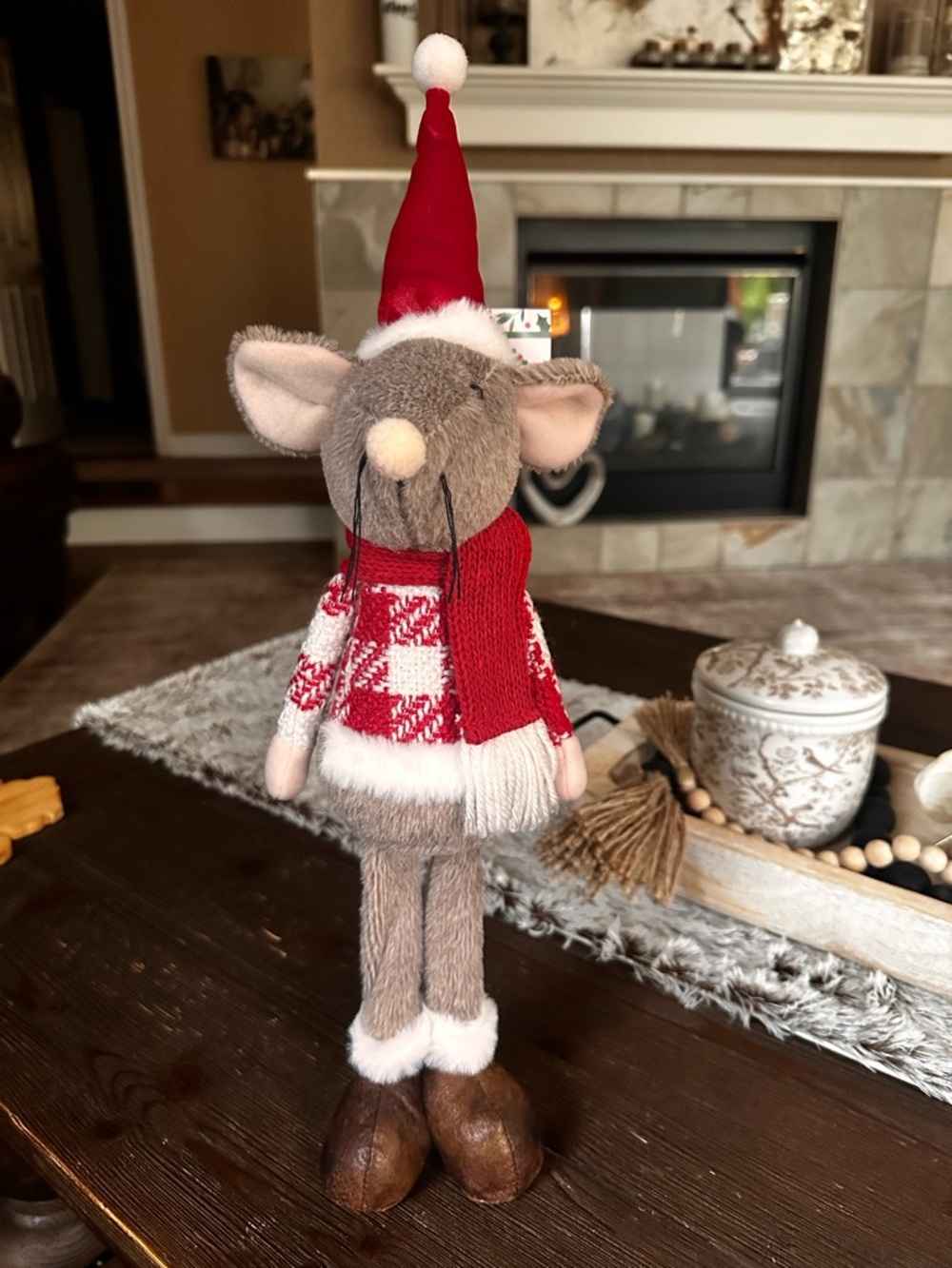 Holiday Plush Mouse Figurine in Red Sweater and Hat